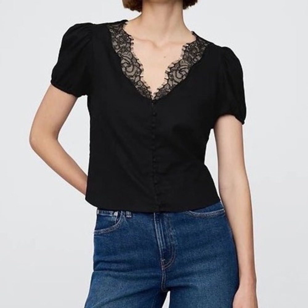 NWT Gap Linen Blend Lace V Neck Puff Sleeve Button Front Top Black - Large